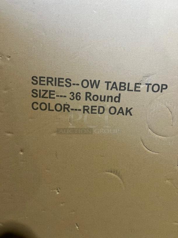 Brand new 36" round dining table, red oak, textured finish, commercial grade. Includes regular height table base.