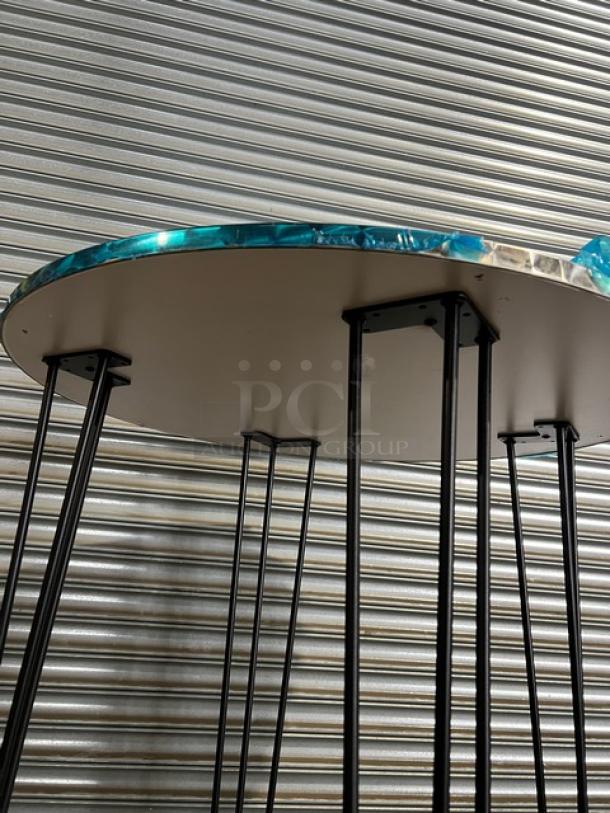 Brand new TAD36 commercial round cocktail/dining table with lightweight aluminum top and matte steel hairpin legs.