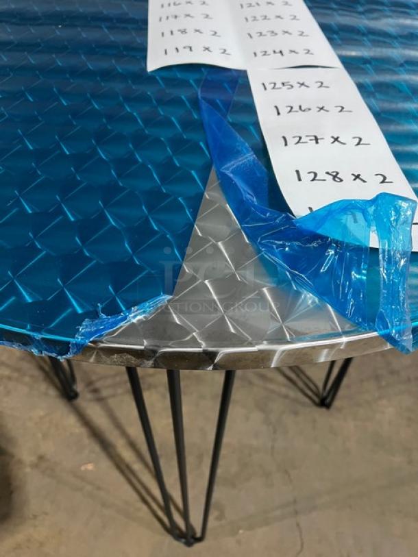 Brand new TAD36 aluminum cocktail/dining table with matte steel hairpin legs. Lightweight, round, indoor/outdoor use.