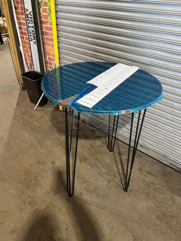 Brand new aluminum round cocktail/dining table, model TAD36. Features matte steel hairpin legs, suitable for indoor/outdoor use.