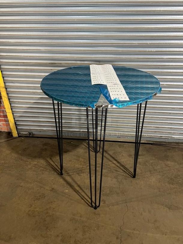Brand new round cocktail/dining table, model TAD36, with aluminum top, matte steel hairpin legs. Suitable for indoor/outdoor use.
