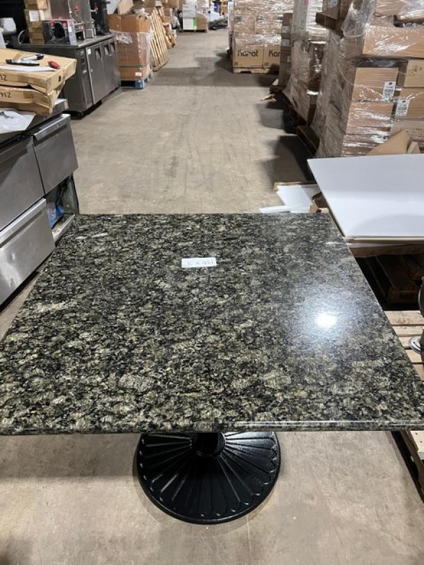 Brand new Art Marble Furniture 36"x36" square dining table with Ubatuba granite top and semi-gloss cast iron base, Model G203.