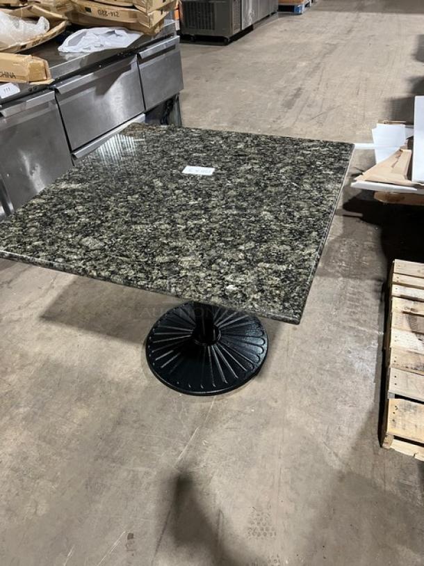 Brand new Art Marble Furniture Ubatuba granite square dining table, 36"x36", with semi-gloss cast iron base, Model G203.