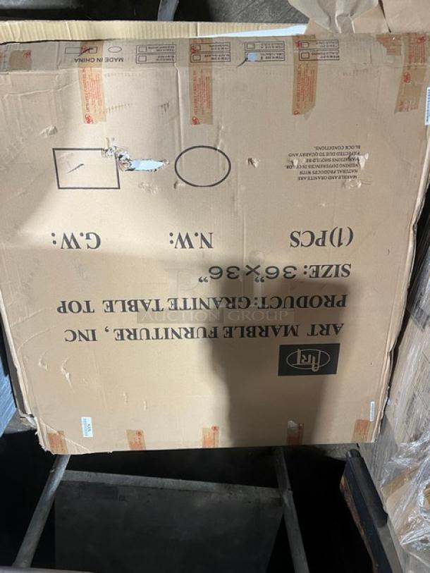 Brand new Art Marble Furniture 36"x36" Ubatuba granite dining table, Model G203, with semi-gloss cast iron base. Boxed.