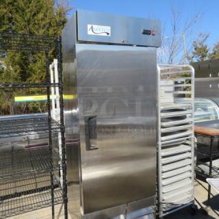 Avantco stainless steel 1-door refrigerator, model 178A19RHC, on casters, 115V, 28x26x82.5 inches, includes key.