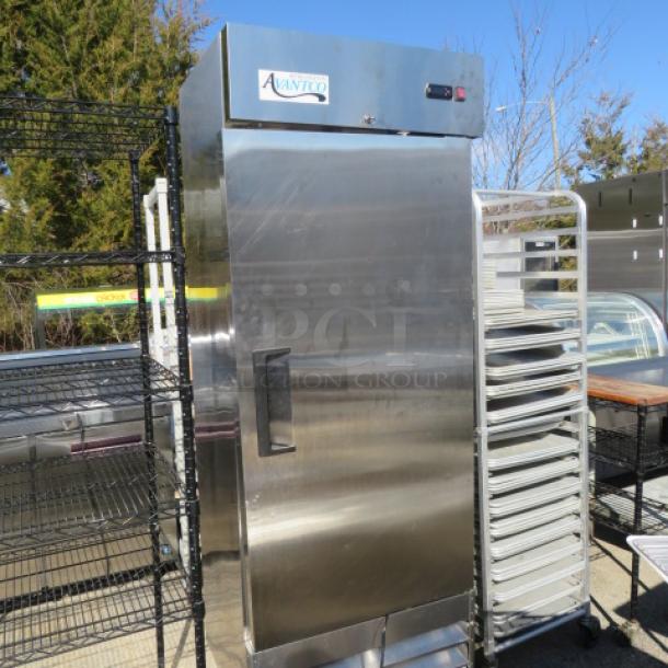 Stainless steel Avantco 1-door refrigerator on casters, Model# 178A19RHC, includes key, dimensions 28x26x82.5, 115V.