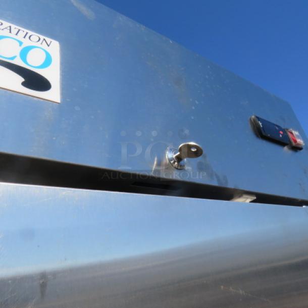 Avantco stainless steel 1-door refrigerator, model 178A19RHC, on casters with key. Dimensions: 28x26x82.5 inches.