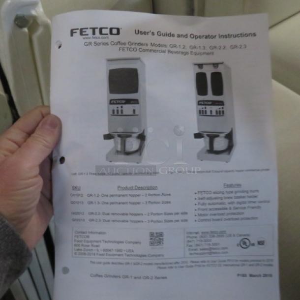 Fetco GR2.3 coffee grinder manual, dual hopper model, 120V. Features and specs listed for commercial use.