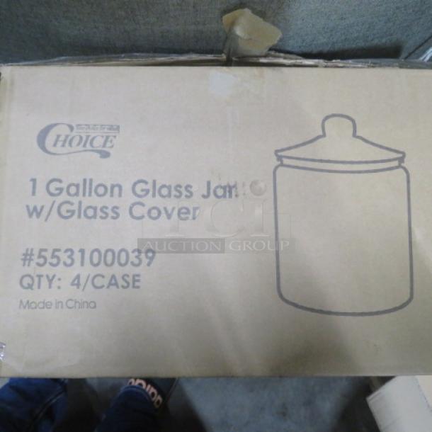 NEW Choice 1 Gallon Glass Jar with Lid in box. Item #55310039, 4 per case, Made in China. Box is slightly worn.