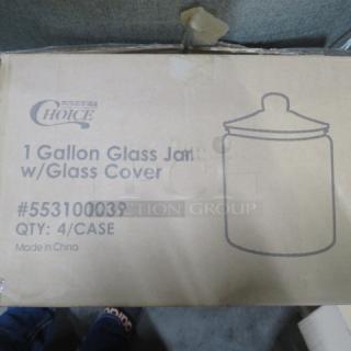 NEW Choice 1 Gallon Glass Jar with Lid in box. Item #55310039, 4 per case, Made in China. Box is slightly worn.