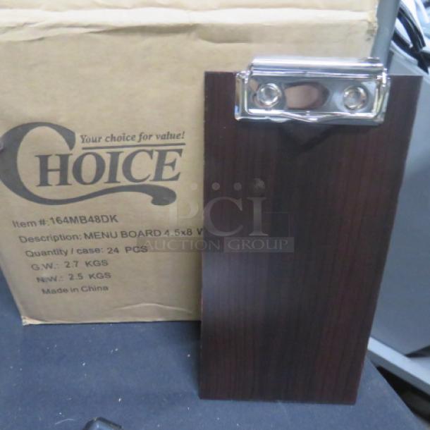 One case of 24 new 5x8 menu board/check presenters, Choice brand, item #164MB48DK, dark wood finish, metal clip.