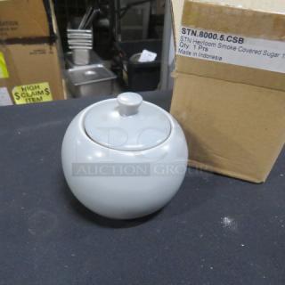 NEW Fortessa Vitraluxe Heirloom Smoke sugar bowl with lid, spherical design, in original box. Made in Indonesia.