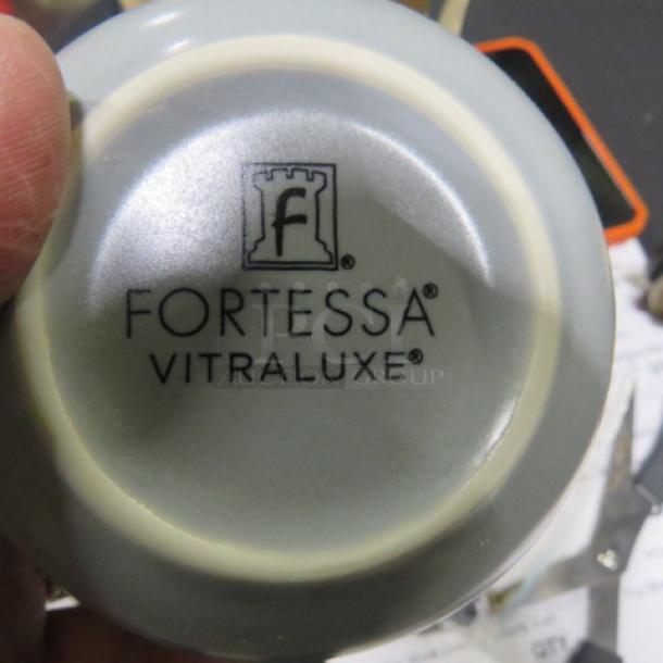 NEW Fortessa Vitraluxe Heirloom Smoke Covered Sugar Bowl with lid, featuring Fortessa branding on the base.