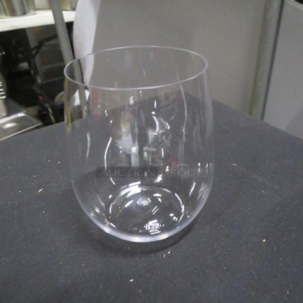 One new 12oz stemless poly wine glass, clear, durable, with smooth finish, part of a lot of 48.