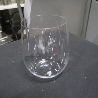 One new 12oz stemless poly wine glass, clear, durable, with smooth finish, part of a lot of 48.