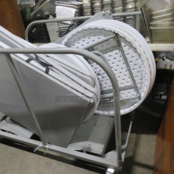 Metal table moving cart, gray frame, sturdy design, suitable for transporting tables. No tables included.