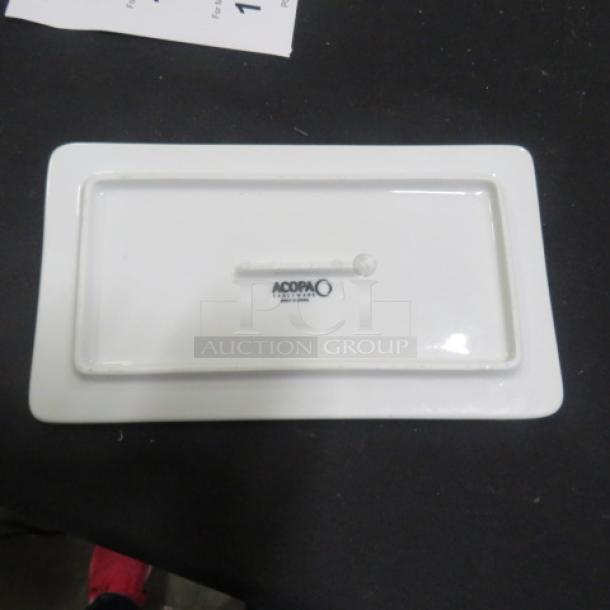 10.5x6 Acopa Rectangular Platter, white porcelain, model 11XBID, brand logo visible, excellent condition.