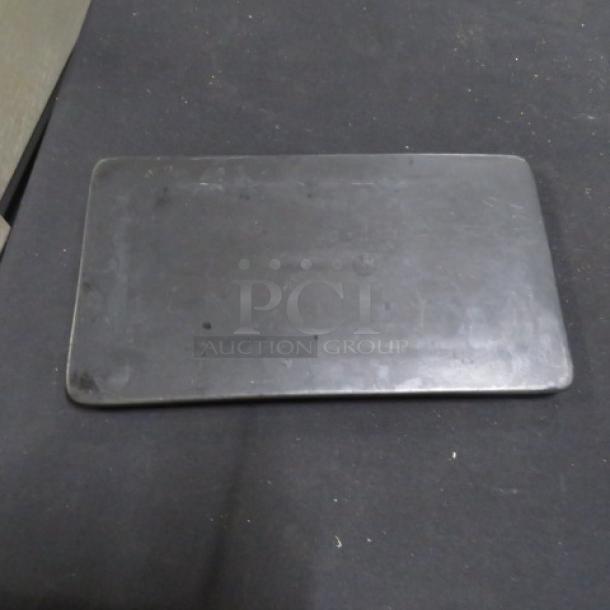 10.5x6 Acopa rectangular platter, black finish, slight surface marks, ideal for elegant serving, model 4XBID.