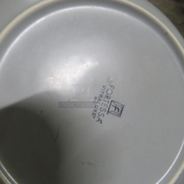 8-inch gray Fortessa plate, Vitraluxe, shows brand marking on reverse, lightly used condition.