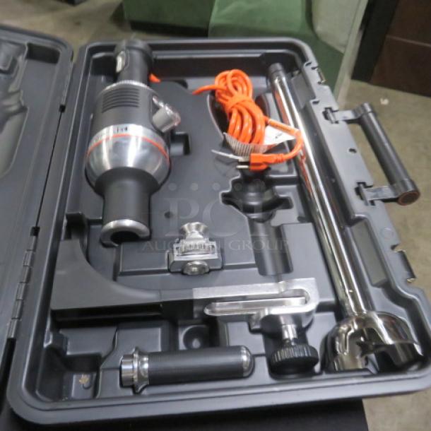 Kitchenaid 18-inch variable speed immersion blender with carry case, Model KHBC4180B, new condition, 120 Volt, labeled.