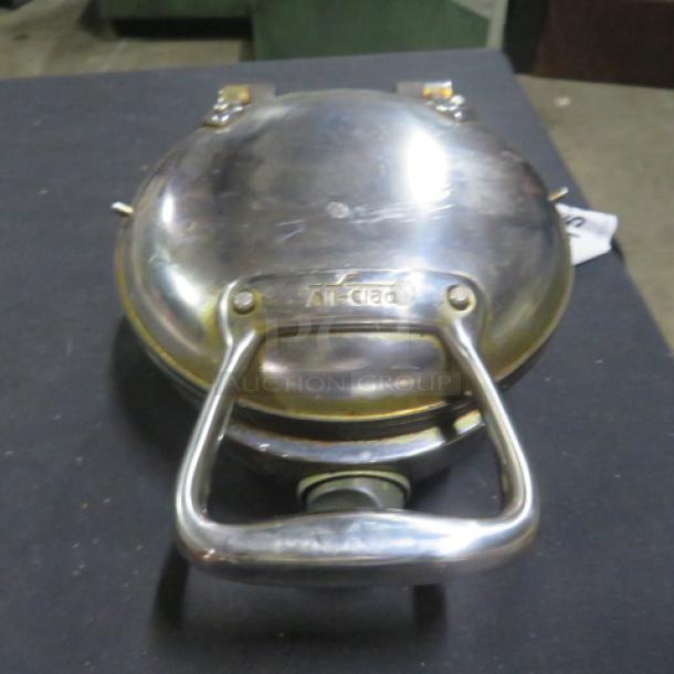 All Clad Waffler Model 6071, stainless steel, 800W, 120V, used condition, visible wear, with handle and hinge details.