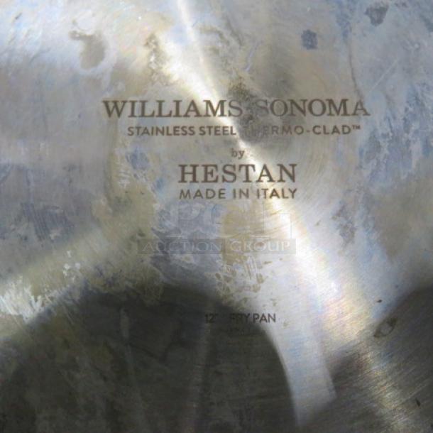 Williams Sonoma 12" Stainless Steel Thermo Clad Fry Pan with Lid, made in Italy, by Hestan. Markings show brand and make.