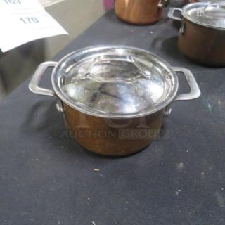 Williams Sonoma 4.5" copper mini cocotte with lid, copper finish, dual handles, auction item.