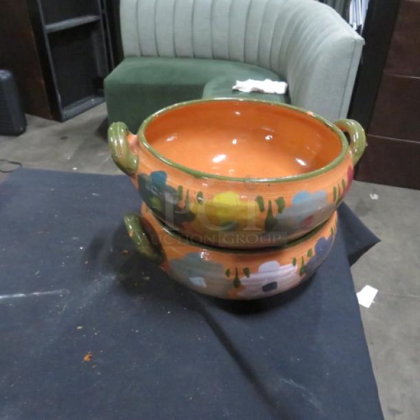 10-inch painted designer bowl with handles, featuring multicolored abstract patterns. Excellent condition. Model: 2XBID.