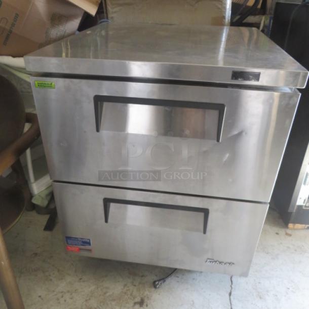 Turbo Air 2 Drawer Refrigerated Work Top Refrigerator, Model TUF-28SD-D2-N, on casters, stainless steel, 27.5x30x36 inches.