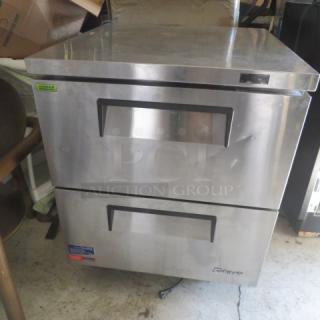 Turbo Air 2 Drawer Refrigerated Work Top Refrigerator, Model TUF-28SD-D2-N, on casters, stainless steel, 27.5x30x36 inches.