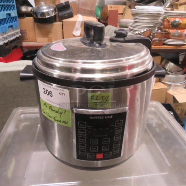 Go Wise USA Electric Pressure Cooker, Model CYSB130-160B, 120V, 1500W, stainless steel, digital display, used condition.