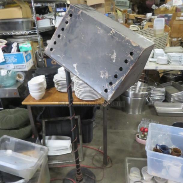 Vintage Capitol Theater Equipment Co. warmer, metallic finish, stand-mounted, showing wear and patina, standard height.