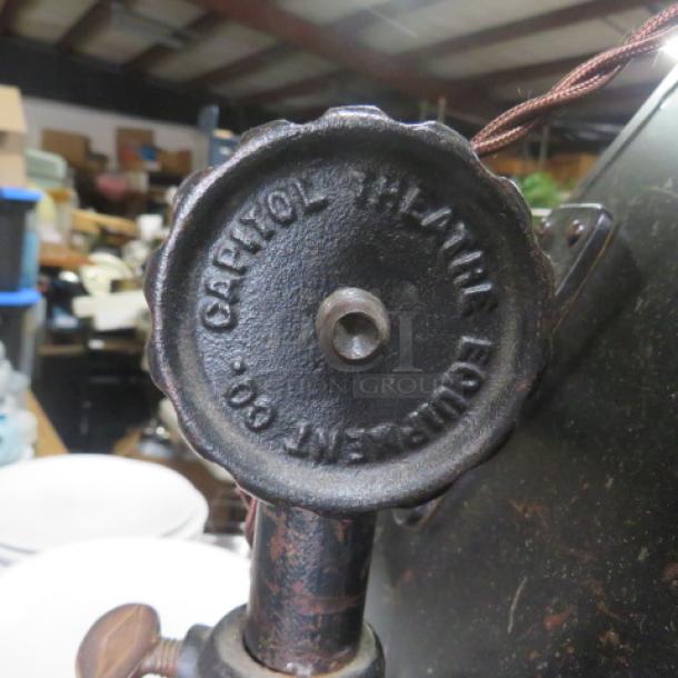 Vintage Capitol Theater Equipment Co. warmer in used condition, featuring a metal valve with embossed branding.