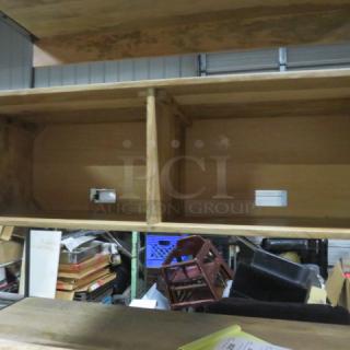 Metal/wooden shelving unit, 49x16x84 inches, with 2 doors, 4 shelves. Visible interior compartments. Good condition.