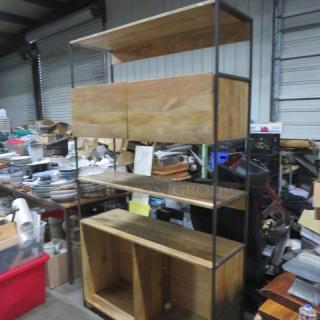 Metal and wooden shelving unit with 2 doors, 4 shelves, measures 49x16x84 inches. Suitable for storage and display.