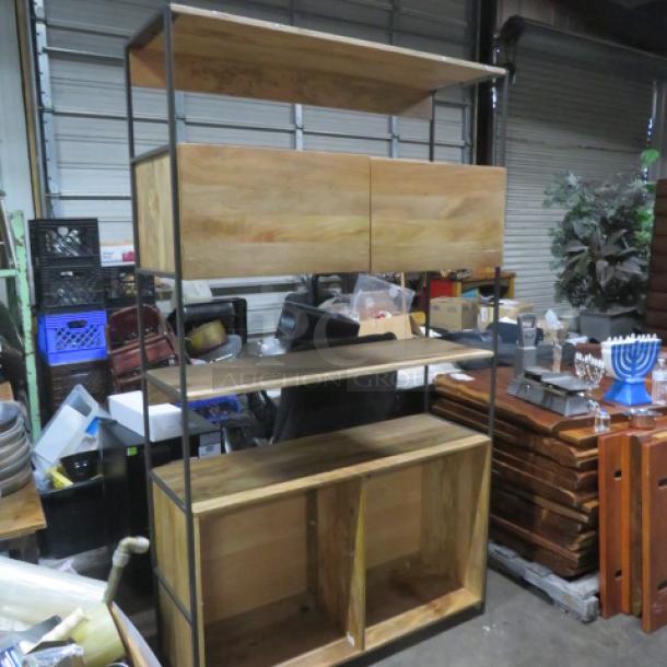 Metal and wooden shelving unit, 2 doors, 4 shelves, 49x16x84 inches, industrial frame, natural finish.
