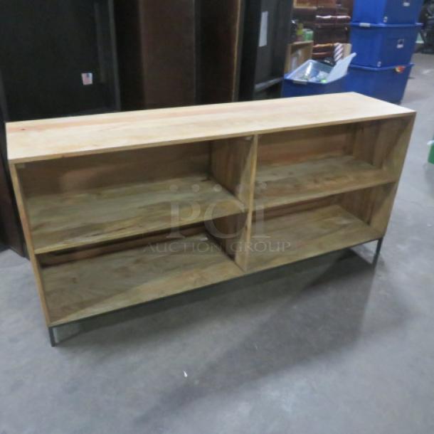 Wooden shelving unit with metal frame, 4 shelves, 64x16x29 inches. Good condition, minimalist design. Ideal for storage.