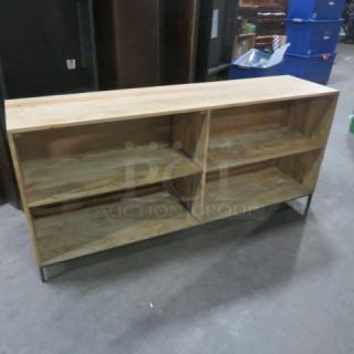 Wooden shelving unit with metal frame, 4 shelves, 64x16x29 inches. Good condition, minimalist design. Ideal for storage.