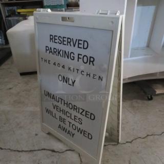 Signcade Sidewalk Sign, 26.5x42 inches. "Reserved Parking for The 404 Kitchen." Durable, good condition, folding design.