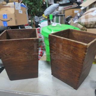 Pair of wooden planters, 9x9x12 inches, rustic finish, square shape, visible grain, suitable for indoor or outdoor use.