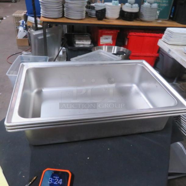 NEW Full Size 6-Inch Deep Chafer Base Pan, stainless steel, pristine condition, ideal for catering or buffet use.