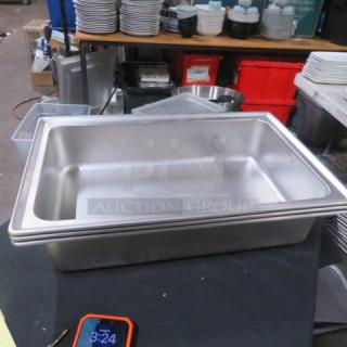 NEW Full Size 6-Inch Deep Chafer Base Pan, stainless steel, pristine condition, ideal for catering or buffet use.