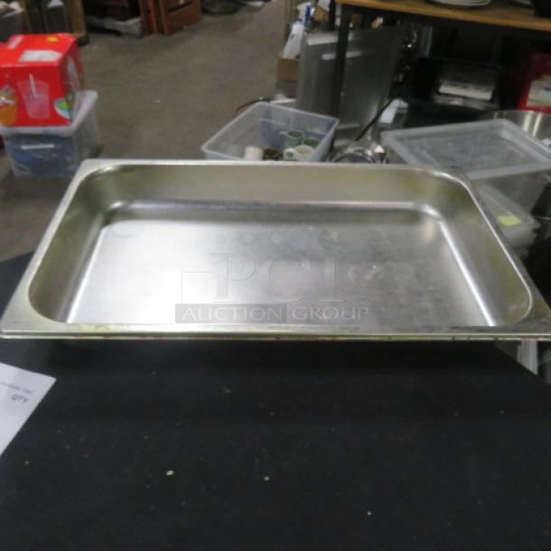 Full-size 2.5-inch deep hotel pan, stainless steel, used condition, visible wear, item code 3XBID.