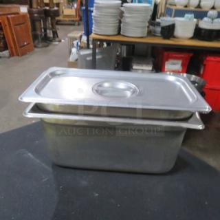 Stainless steel 1/3 size, 6-inch deep hotel pan with lid; used condition. Ideal for commercial kitchens.