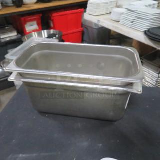 1/3 size 6-inch deep hotel pan in stainless steel. Slightly used condition, ideal for commercial kitchen use.