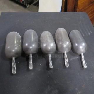 Assorted aluminum scoops, set of five, showing slight wear, uniform design with handles; ideal for kitchen or industrial use.