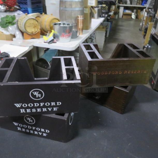 Assorted Wooden Bar Organizer set, marked "Woodford Reserve," featuring multiple compartments, in good condition.