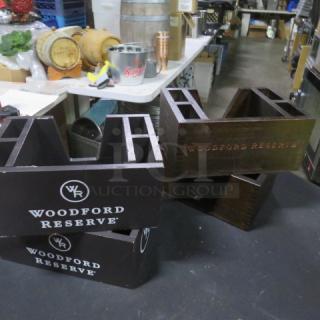 Assorted Wooden Bar Organizer set, marked "Woodford Reserve," featuring multiple compartments, in good condition.