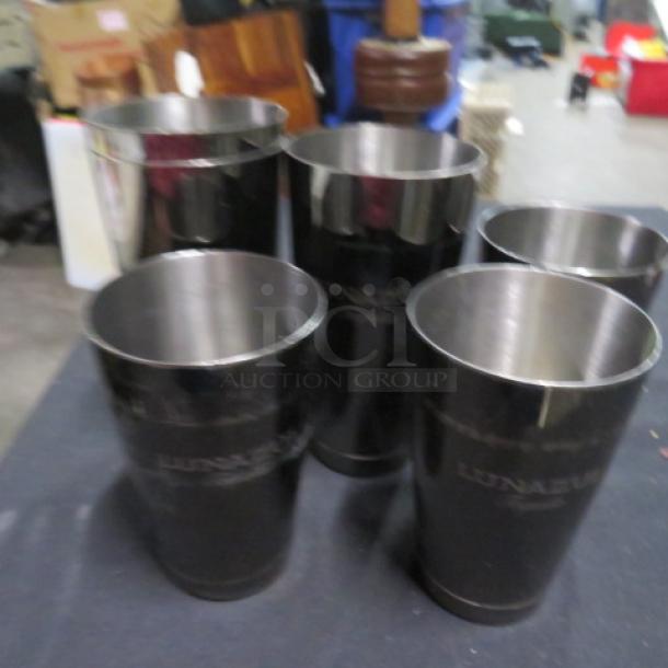 Set of six Lunaeu stainless steel mixing glasses with logo, reflective finish, and in good condition. Perfect for bar use.