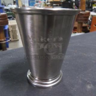 Makers Mark stainless steel mule cup, engraved logo, gently used condition, conical shape, ideal for cocktails.